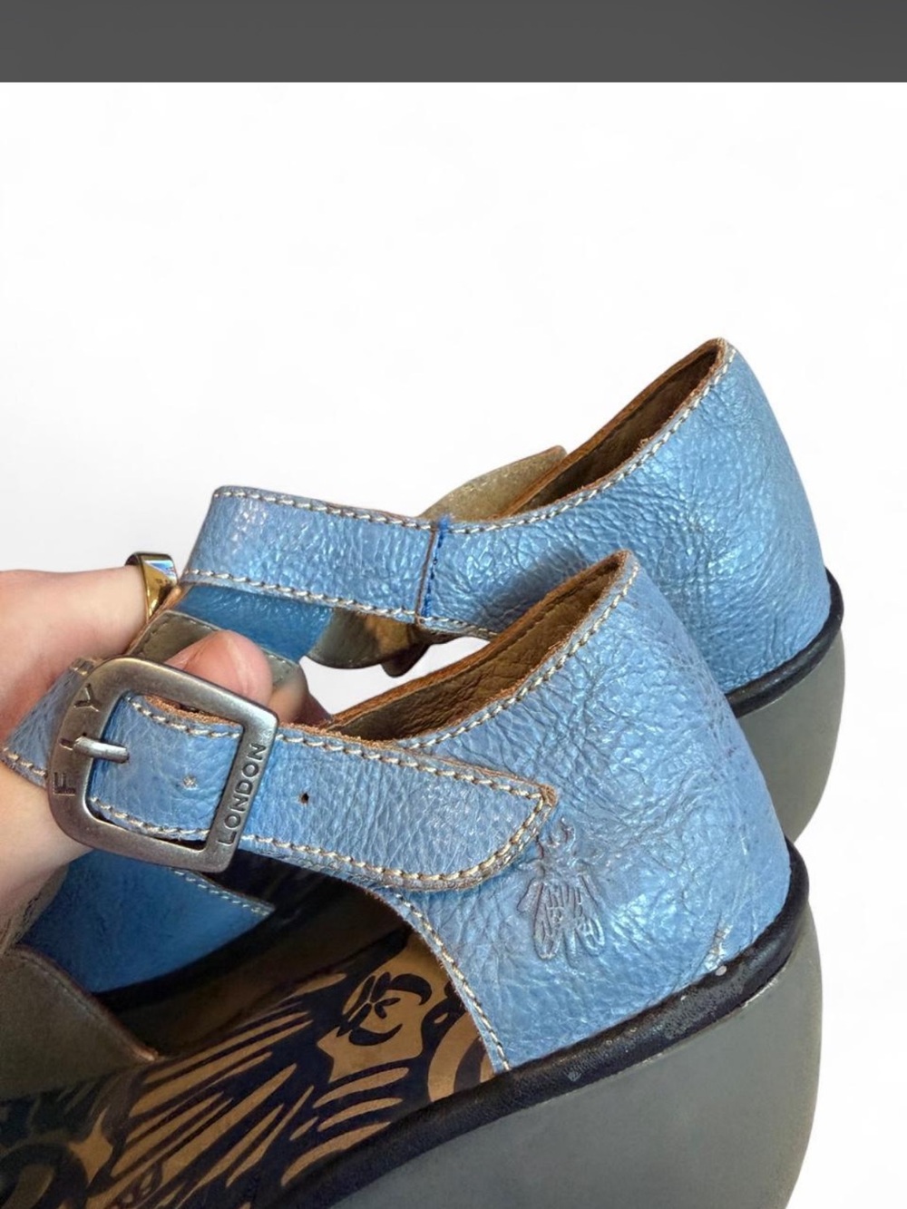 Fly London Light Blue Leather Wedge Sandals - Picture 6 of 7